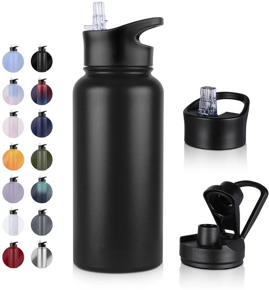Fles da 1L per bevande gassate, con stopperio di paglia, privo di sciroppo, adatto per bevande gassate, termos di vetro BPA-free, con 2 coperchi, isolato a doppia parete a vuoto, per sport, viaggi, campeggio, scuola, bicicletta, palestra