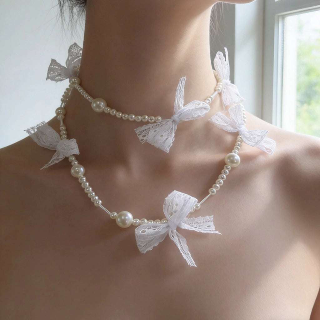 Collana di lusso con fiocco in pizzo e perle