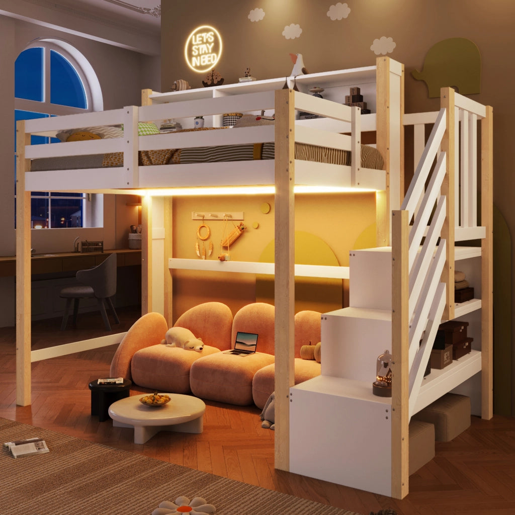 Letto a castello 90×200 cm; letto singolo con led; scala contenitore; senza materasso; in pino; bianco naturale