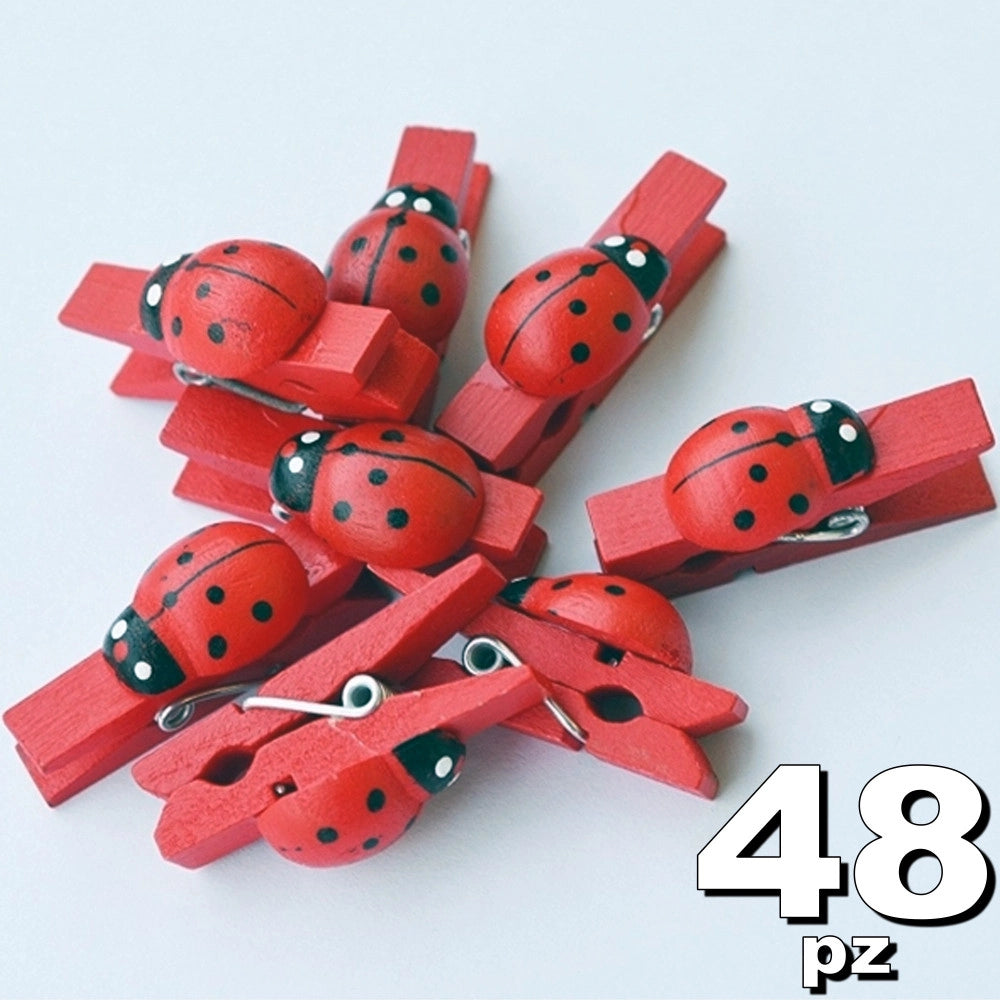 Trade Shop - 48pz Molletta 2.5mm Legno Coccinella Bomboniere Laurea Compleanno Portafortuna -