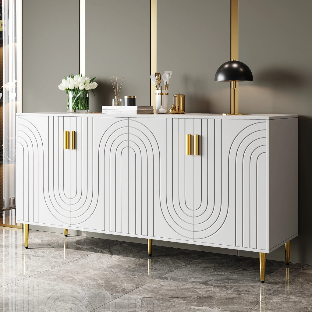 Credenza e madia con ante, design ondulato, maniglie dorate per sala da pranzo, in MDF bianco, 152 × 40 × 75 cm