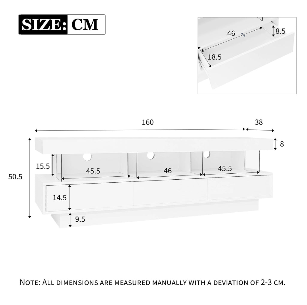 Mobile TV 160x38x50.5 cm con 3 ripiani in vetro e LED controllabile tramite app in truciolato bianco