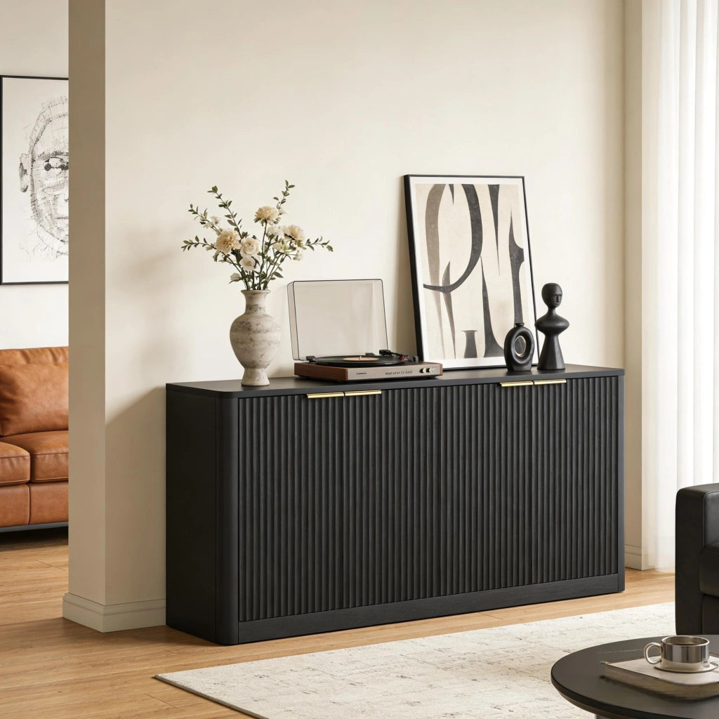 Credenza moderna 150 cm con 4 ante; design ondulato; in MDF nero