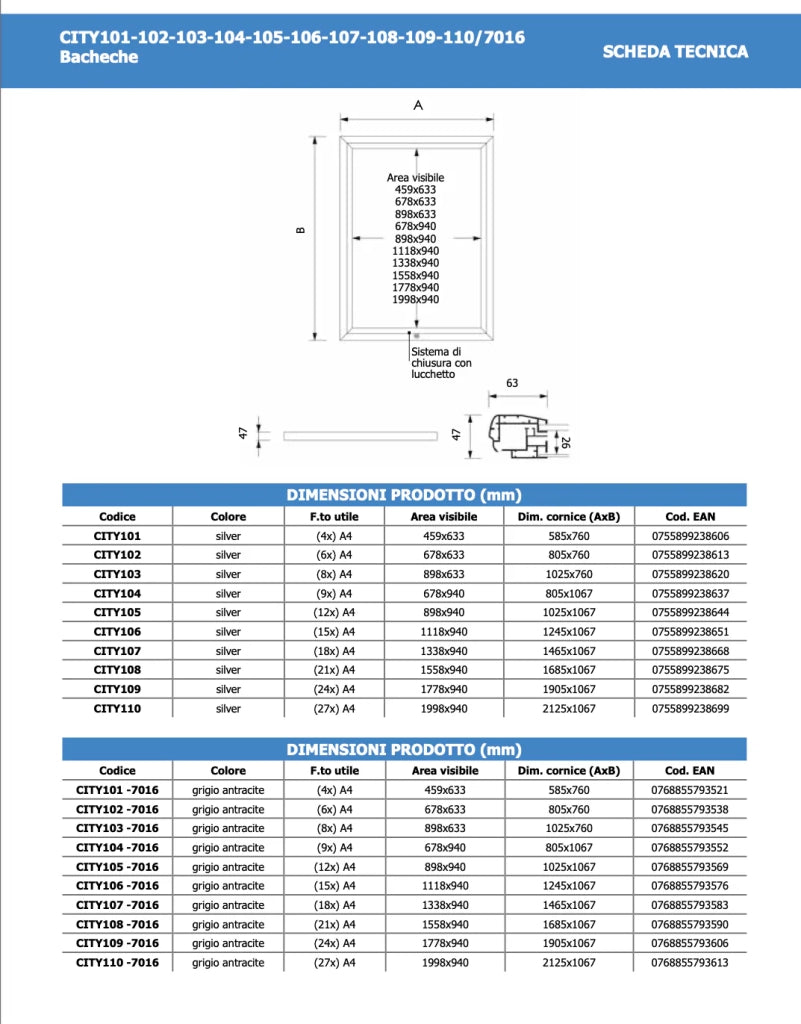 Bacheca per Esterno Certificata IP56 con serratura Grigio RAL 7016 - 21 x A4