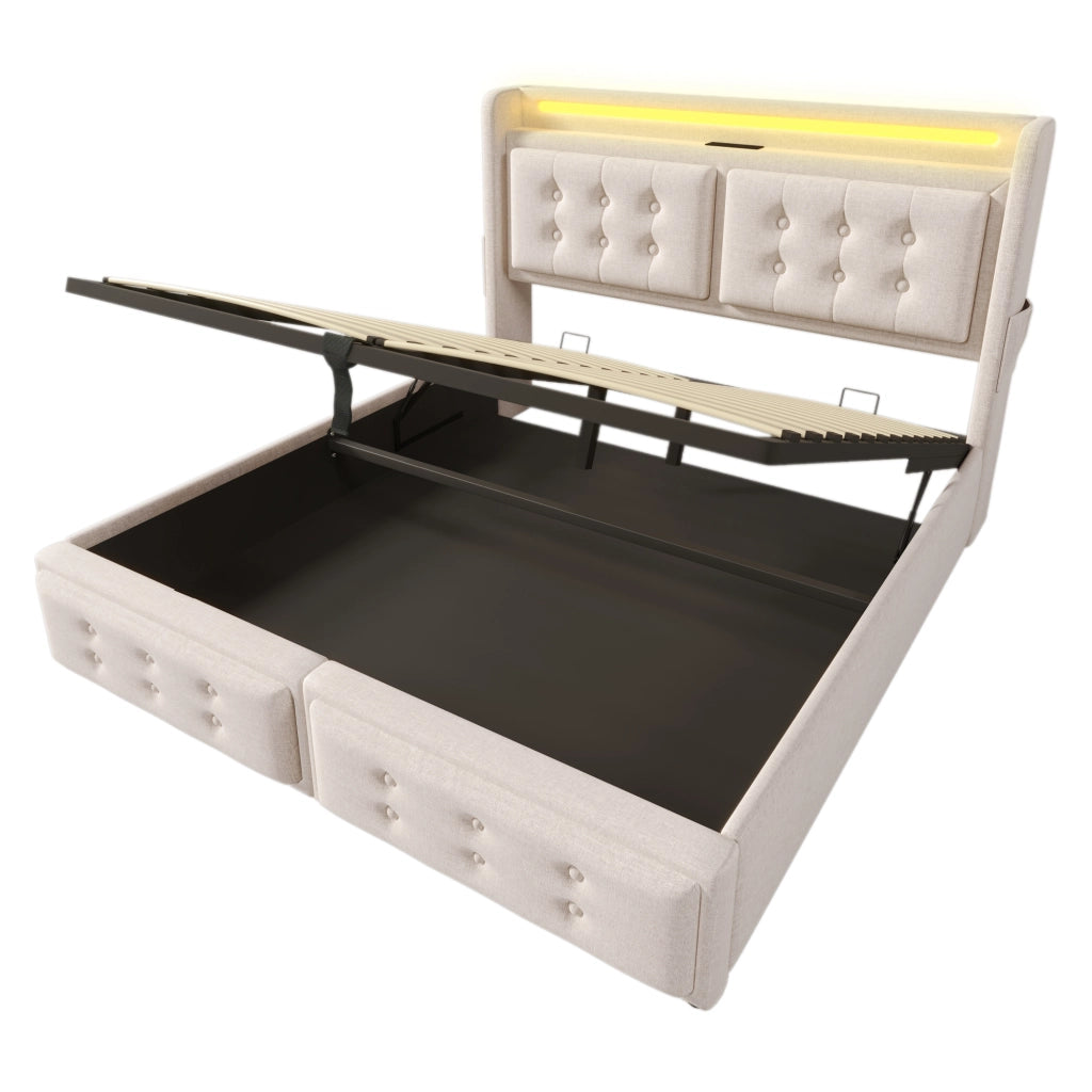 Letto Imbottito Contenitore 140x200 con Testiera LED e USB ¨C MINIMAL ¨C Beige, Cotone, Doghe in Legno