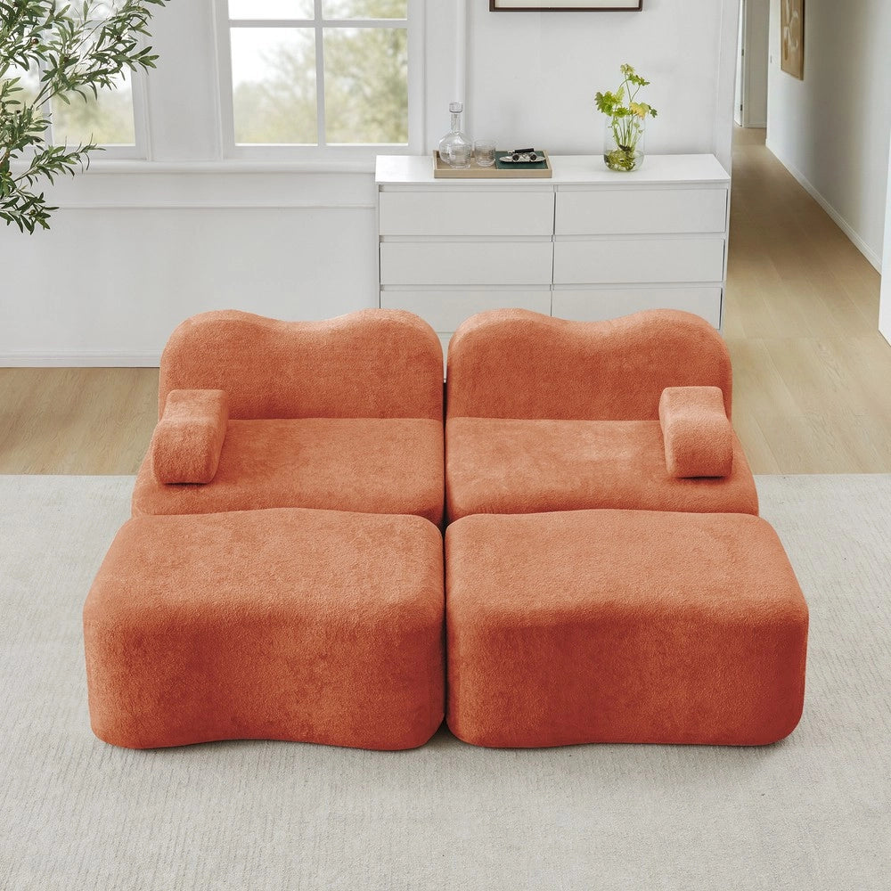 Divano Modulare 2 Posti con 2 Ottoman ¨C Xylo ¨C Arancione, Braccioli Mobili, Schiuma Alta Densit¨¤