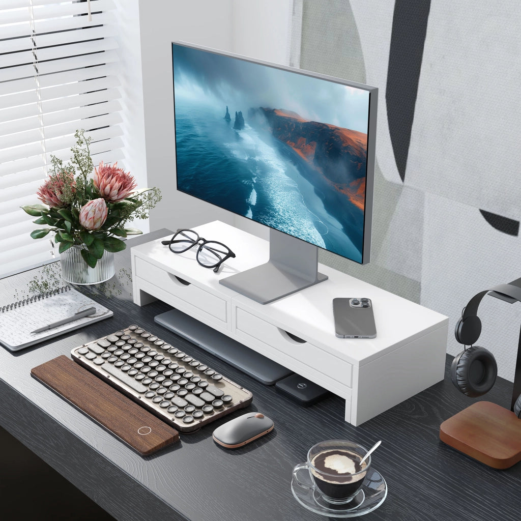 Supporto Monitor Regolabile con 2 Cassetti per PC Portatile ¨C Zephmum ¨C Bianco 60-116x22x12 cm