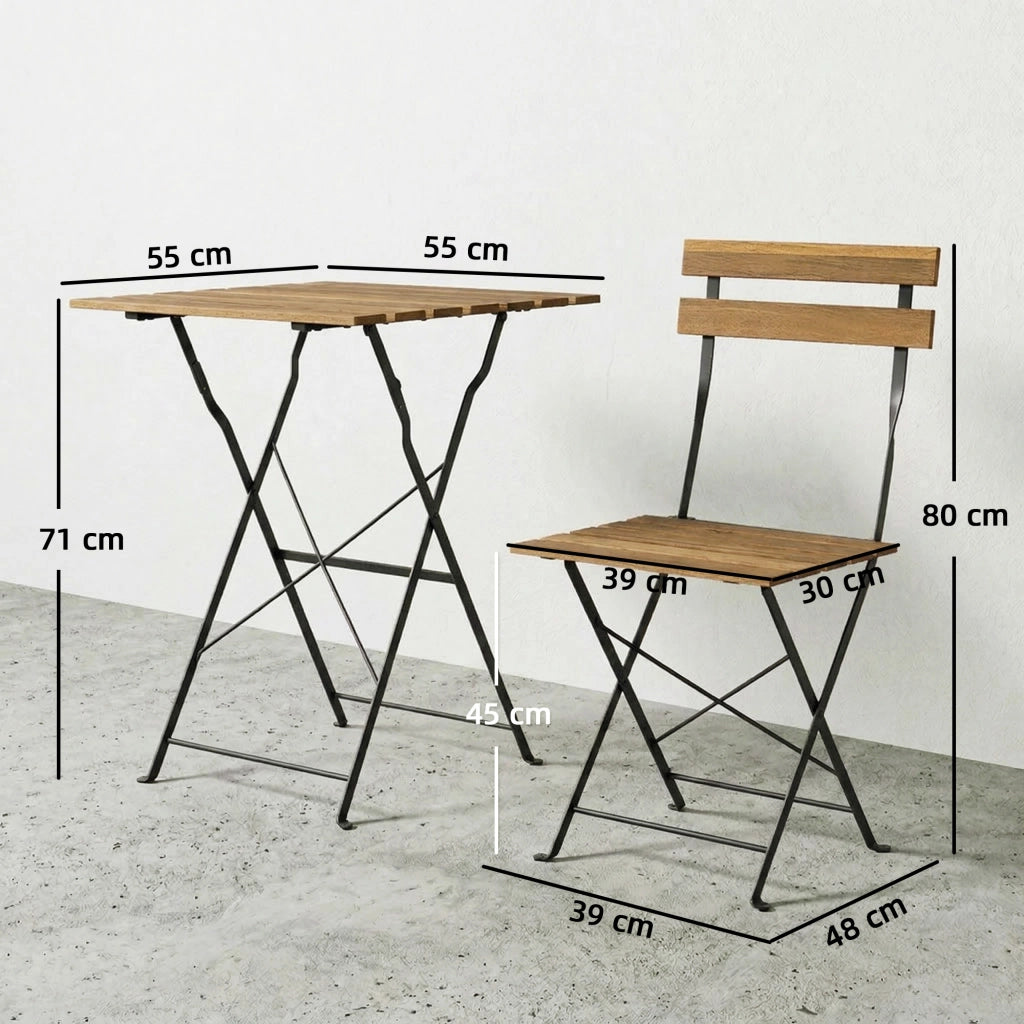 Set Bistrot Giardino ¨C zephmum ¨C 2 Sedie Pieghevoli, Tavolo Quadrato in Legno di Acacia 55x55x71cm, Naturale