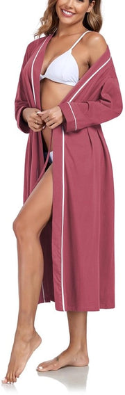 Badia da Bagno Donna Tela Lunga Badia Donna Leggera con Maniche Lunghe Kimono per Sauna con Tasche (Rosso Viola, S)
