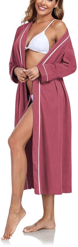 Badia da Bagno Donna Tela Lunga Badia Donna Leggera con Maniche Lunghe Kimono per Sauna con Tasche (Rosso Viola, S)