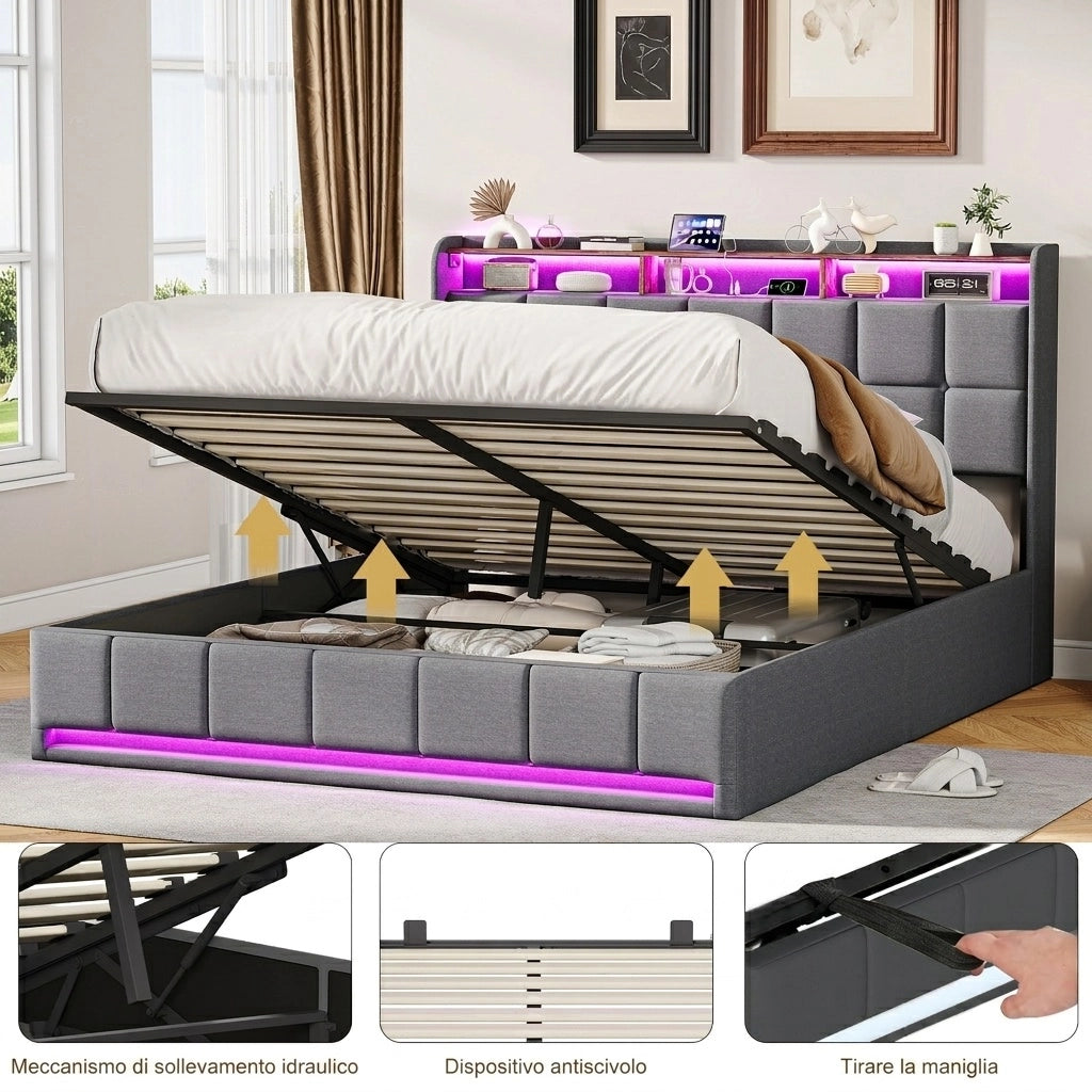 Letto matrimoniale 160x200 cm con contenitore LED USB testiera con mensola rete a doghe in lino - grigio