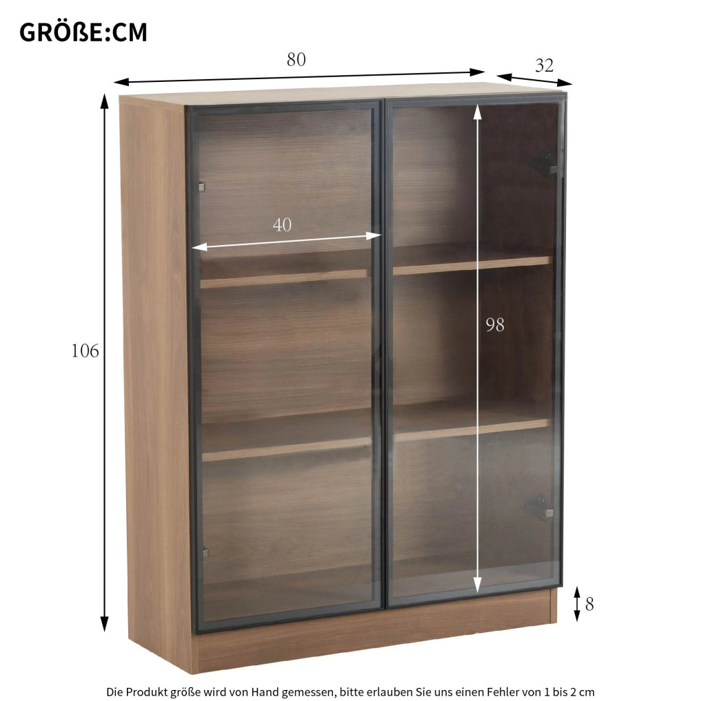 Vetrina in vetro 80x30x106 cm con illuminazione LED e 3 ripiani; vetro e pannelli truciolari noce naturale