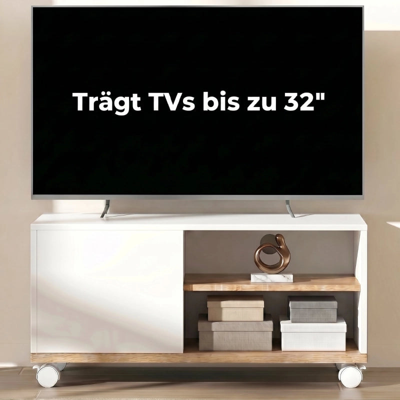 Mobile porta TV su rotelle con freno, mobile TV con armadietto e ripiano regolabile, bianco e rovere