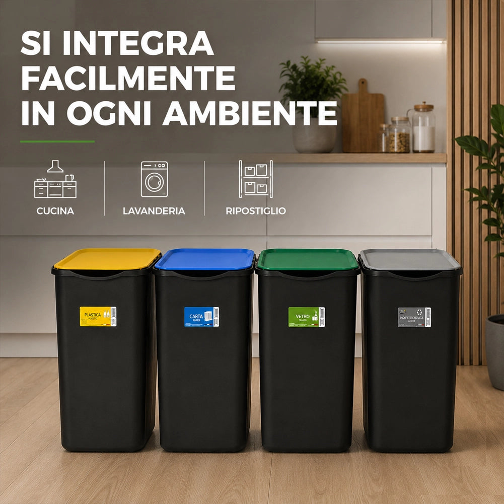 Set 4 Pattumiere Bidoni 37,5x36x62 cm Raccolta Differenziata Spazzatura Capienza da 50 L in Plastica Nero