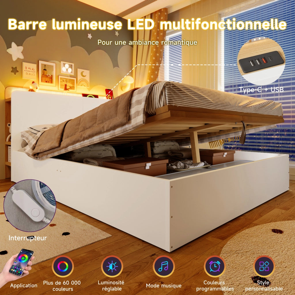 Letto contenitore 140×200 cm; letto matrimoniale con sollevamento idraulico; USB Type-C e LED; senza materasso; in pino; bianco e naturale