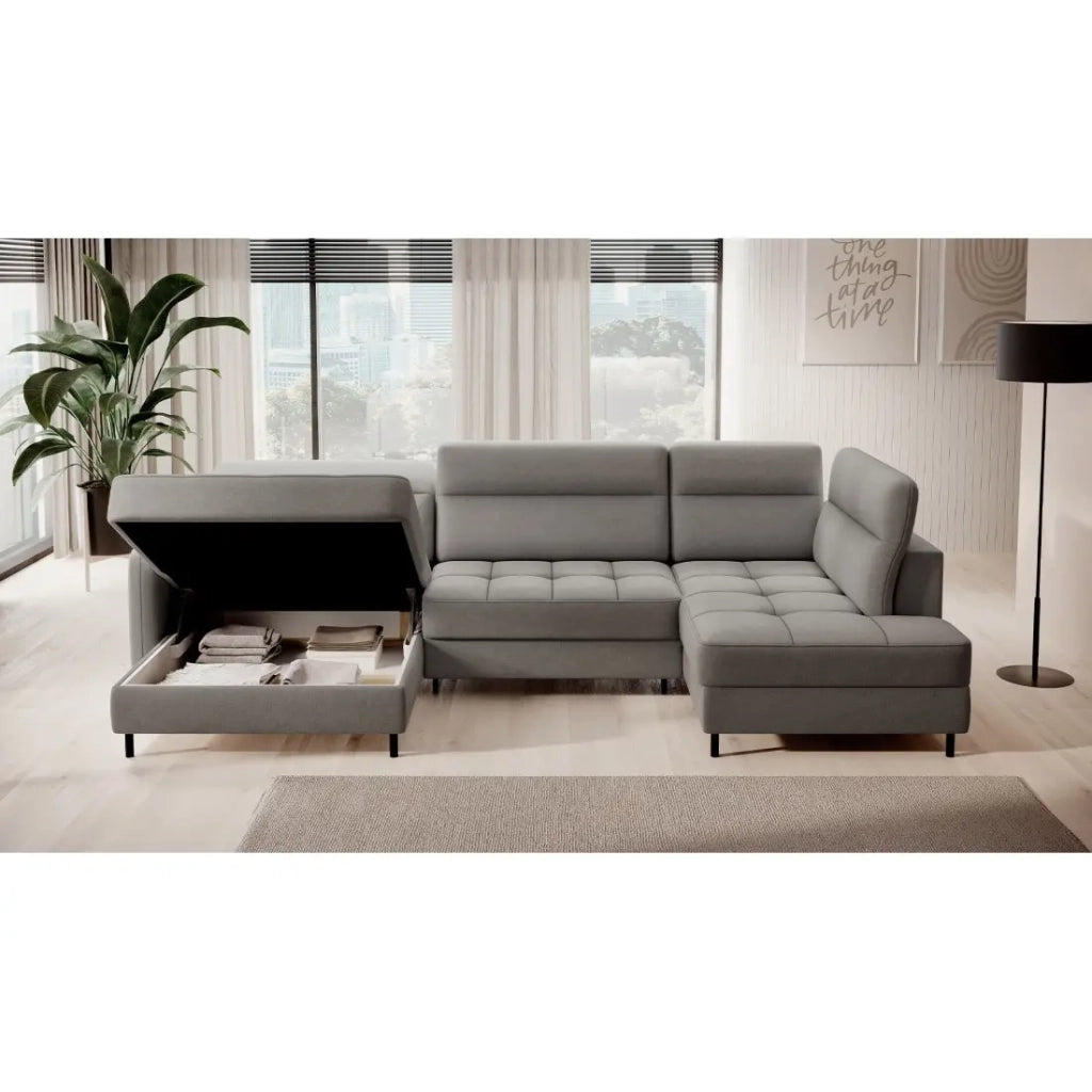 Divano angolare trasformabile BERTHO 306 cm grigio – Angolo sinistro con vano contenitore