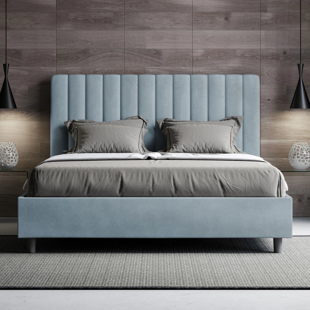 BS COM Letto una piazza e mezza con rete imbottito 130x200 microfibra azzurro