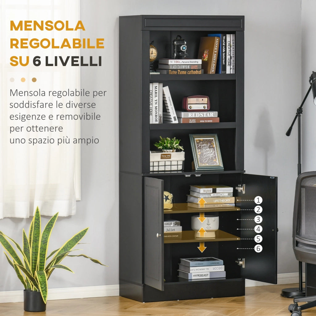 Credenza Cucina in Legno con Ripiani e Armadietto 2 Ante con Mensole Regolabili, per Salotto e Soggiorno, Nero