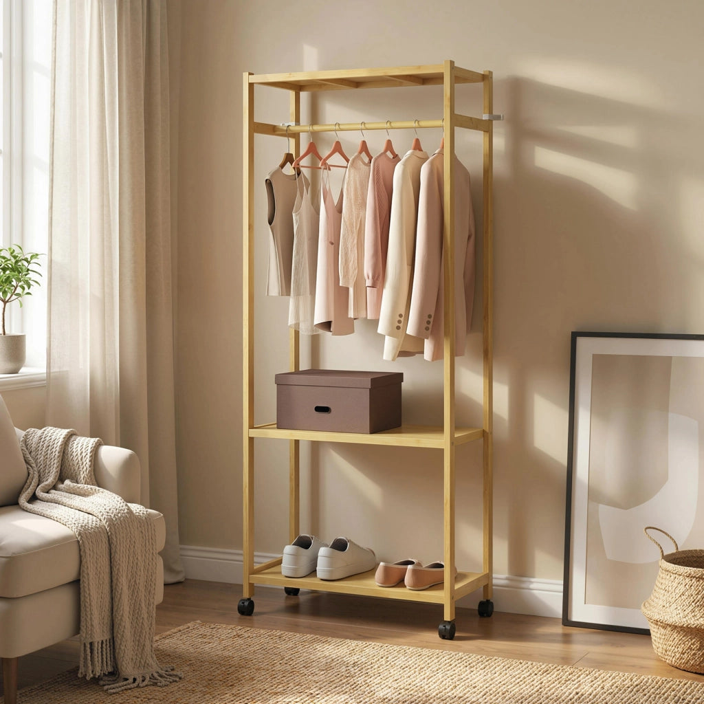 Appendiabiti da Terra con Ripiani e Ruote ¨C Zephmum ¨C Legno di Bamb¨´ 70x35x175 cm