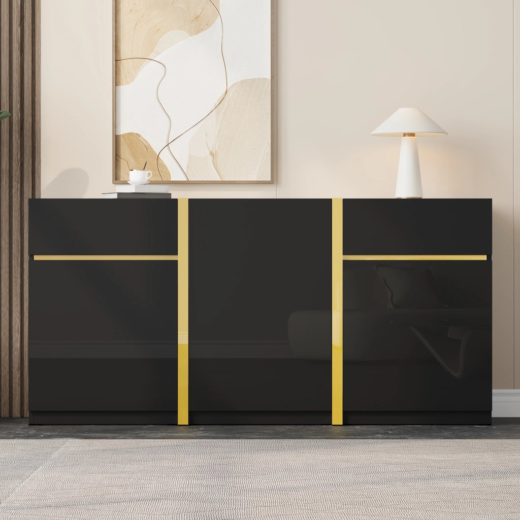 Credenza lucida, 3 ante e 2 cassetti, mobile da ingresso, finiture dorate, nero