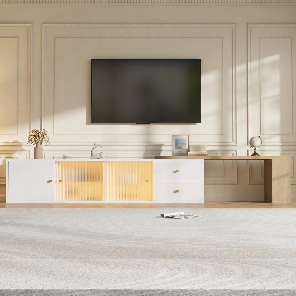 Mobile TV Estensibile 175x40x38 cm Bianco Legno con LED RGB, 2 Cassetti e Ante in Vetro Scorrevoli