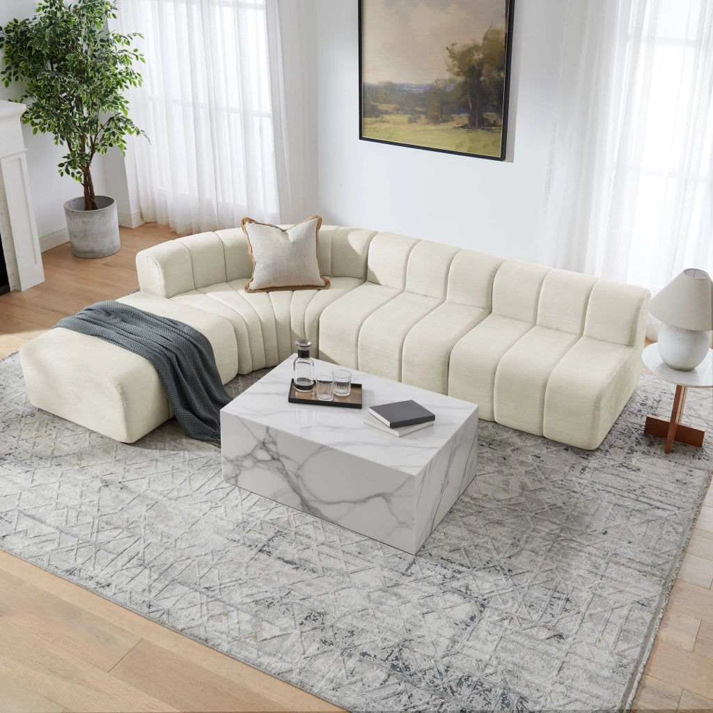 Divano angolare modulare a 4 posti in chenille beige con moduli combinabili e seduta versatile