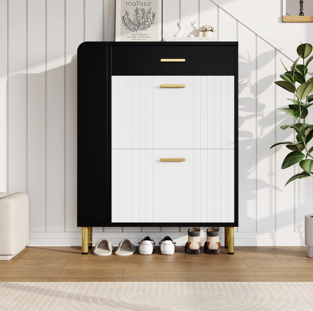 Scarpiera 80x24x105 cm con 2 scomparti a ribalta e cassetto in MDF e truciolato bianco e nero