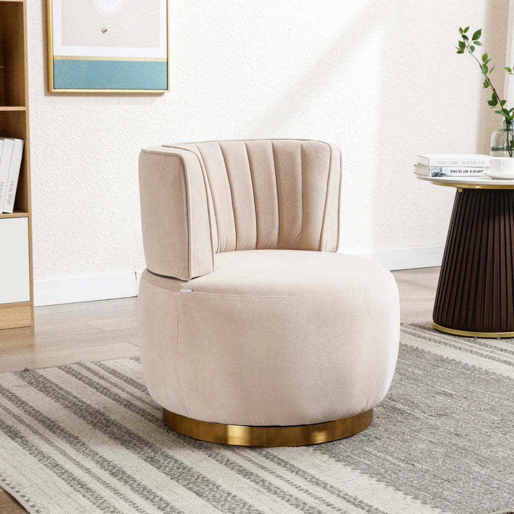 Sedia girevole 360° con schienale ergonomico; seduta imbottita; struttura in legno e metallo; velluto beige