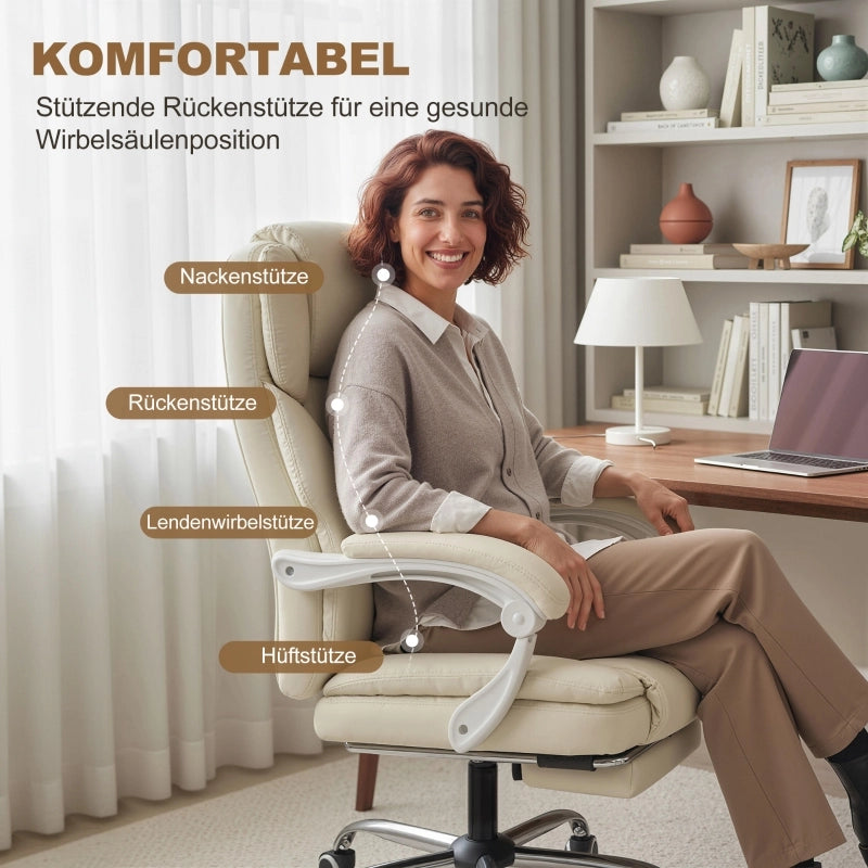 Sedia da ufficio con funzione reclinabile, sedia da scrivania, sedia girevole regolabile in altezza con poggiapiedi, 64 x 73 x 120 cm, beige