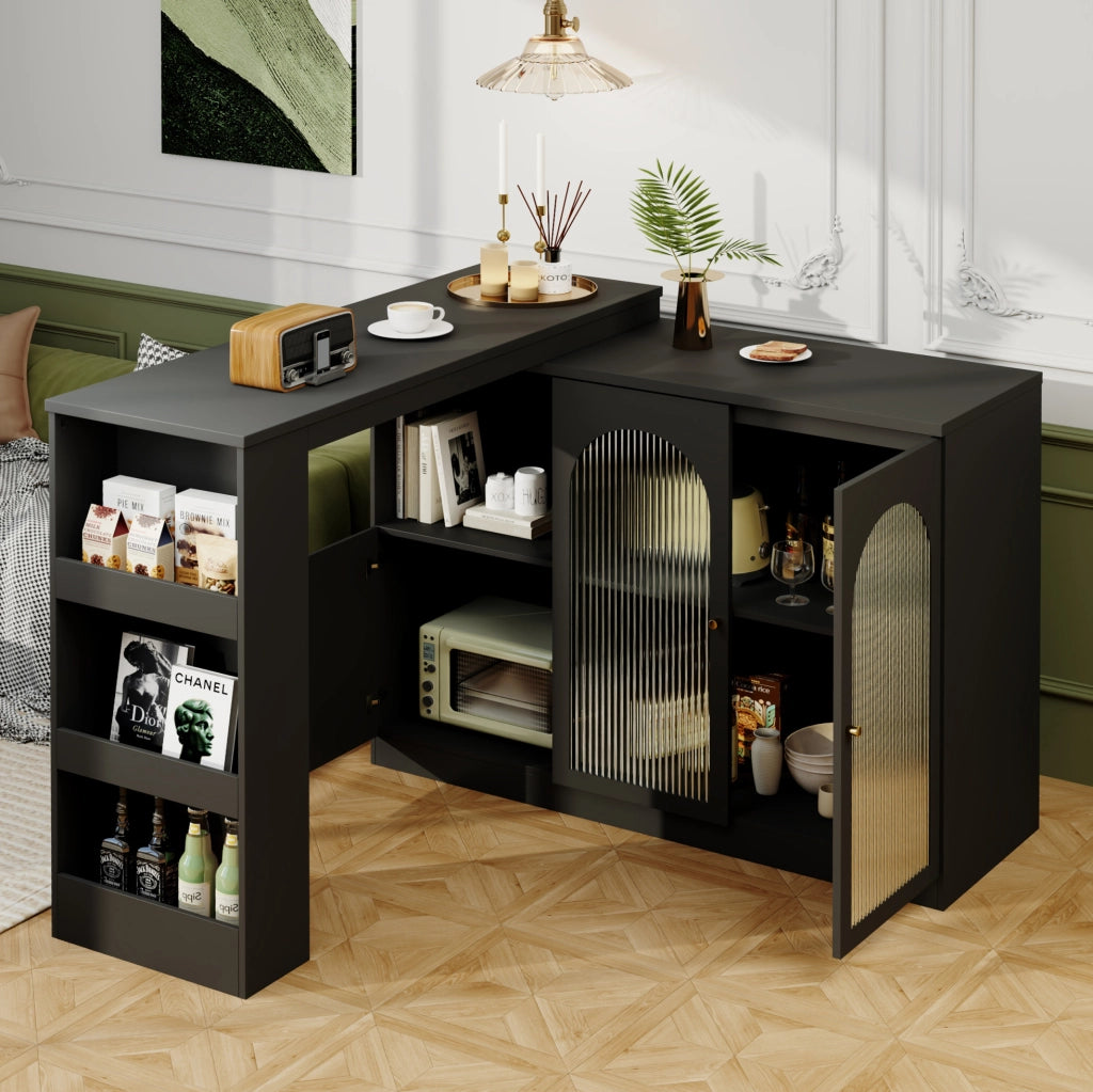Mobile bar girevole a 360° con ante in vetro; MDF nero