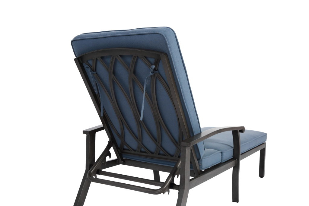 Sedia lounge da esterno in alluminio con cuscino blu, schienale reclinabile a 5 posizioni