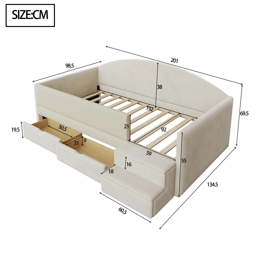 Letto imbottito 90x190 cm con cassetti e gradini in velluto beige
