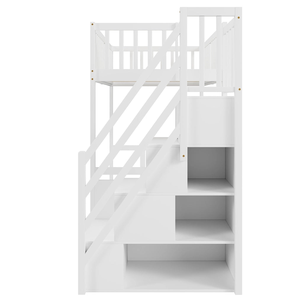 OKWISH Letto a Soppalco Letto Singolo con Scala Contenitore, Tavolo, 90×200 cm, senza Materasso, in Legno, Bianco