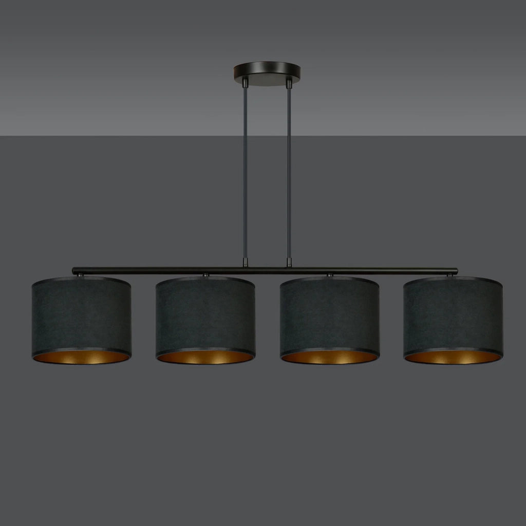 Lampadario 4 Luci Ganesha In Acciaio Nero E Paralumi In Tessuto Nero