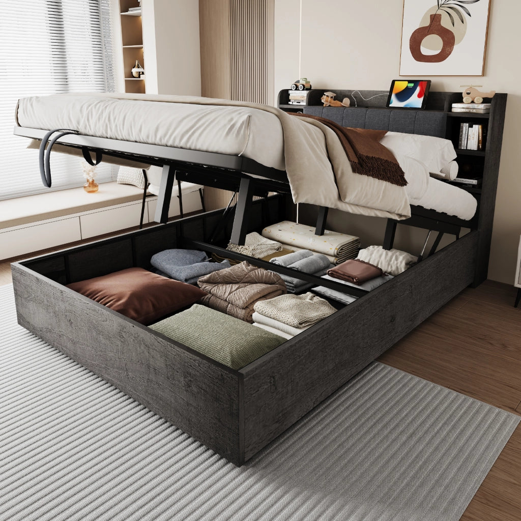 Letto contenitore 180 × 200 cm con sollevamento idraulico, USB e Type-C, ripiani, senza materasso, grigio