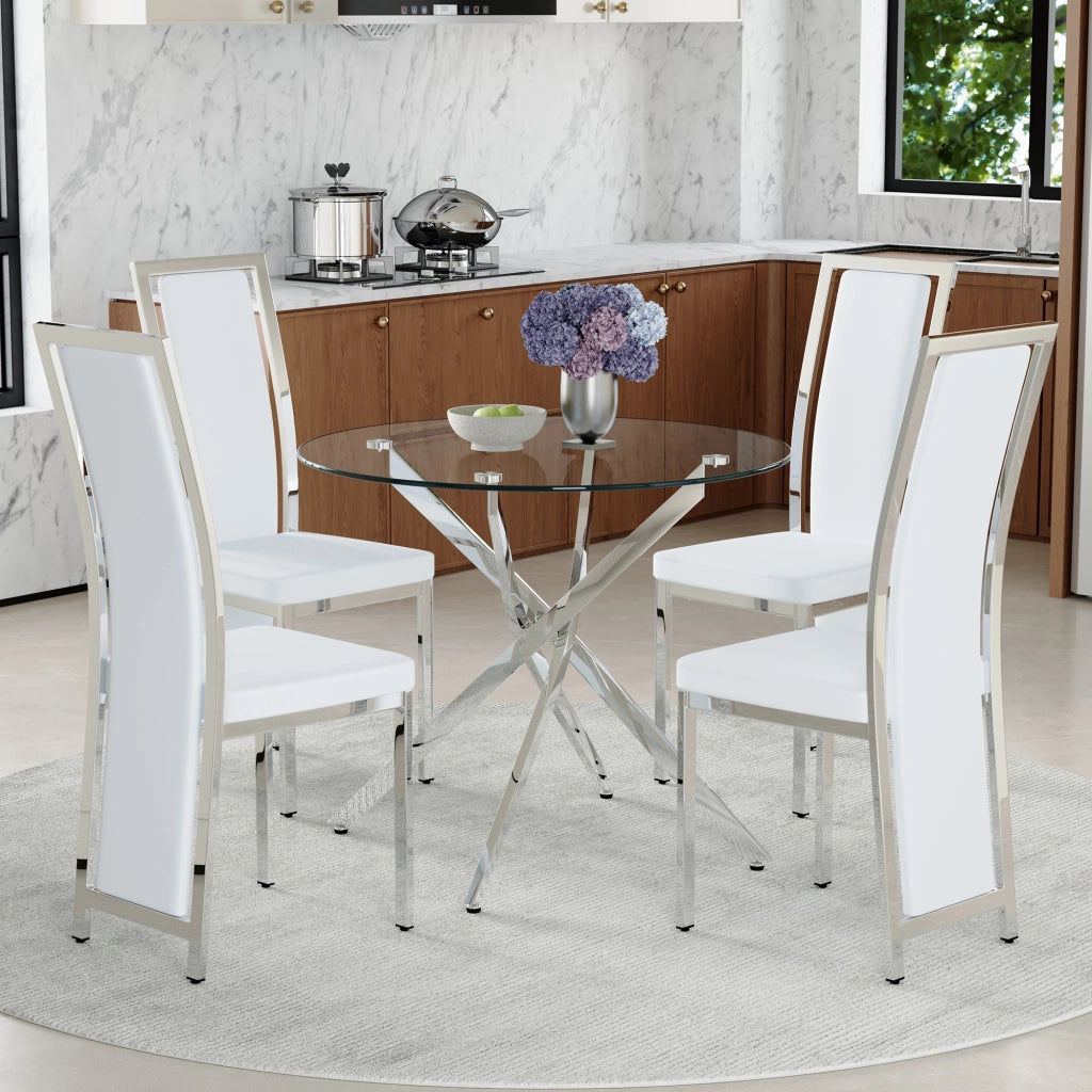 Set tavolo da pranzo e sedie con 1 tavolo rotondo e 4 sedie in vetro temperato; metallo e PU bianco e argento