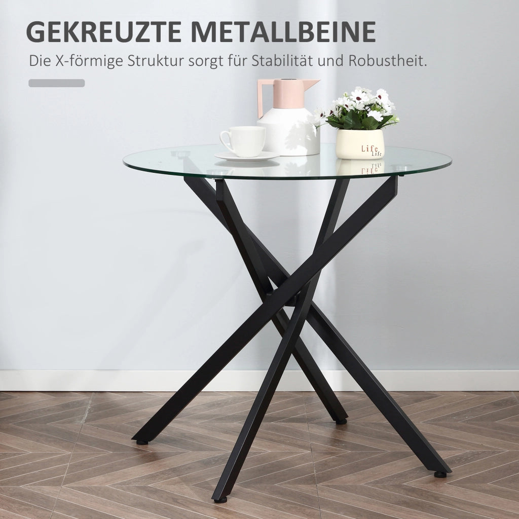 TAVOLINO rotondo in vetro temperato 80x80x75 cm nero con struttura in acciaio