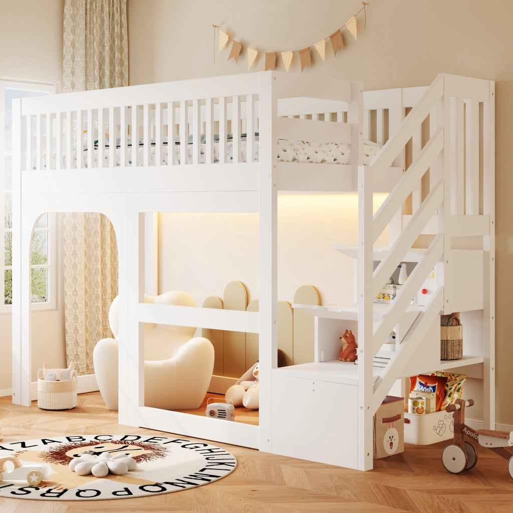 Letto a soppalco a casetta 90x200 cm con porta; finestra; scala contenitore; area gioco; LED e rete; legno bianco