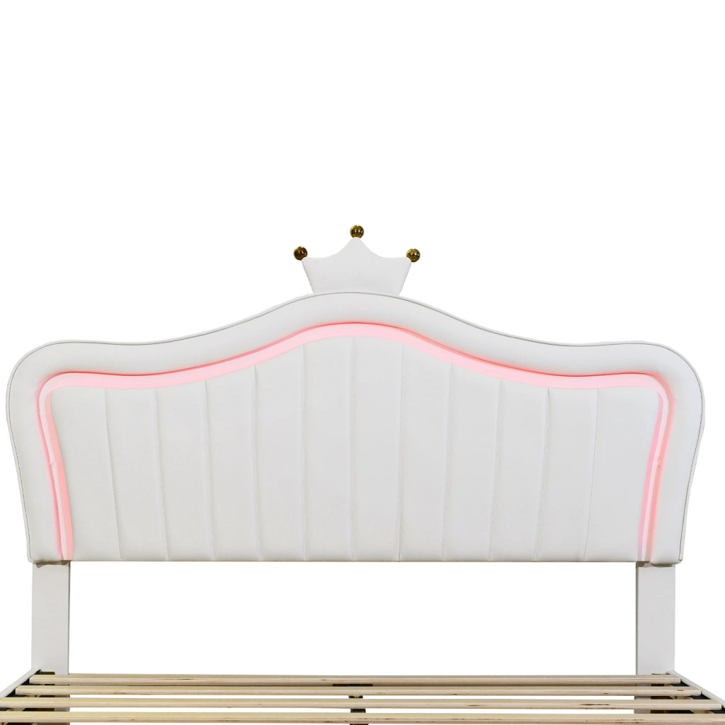 LETTO imbottito 140x200 cm bianco in PU con 4 cassetti e LED
