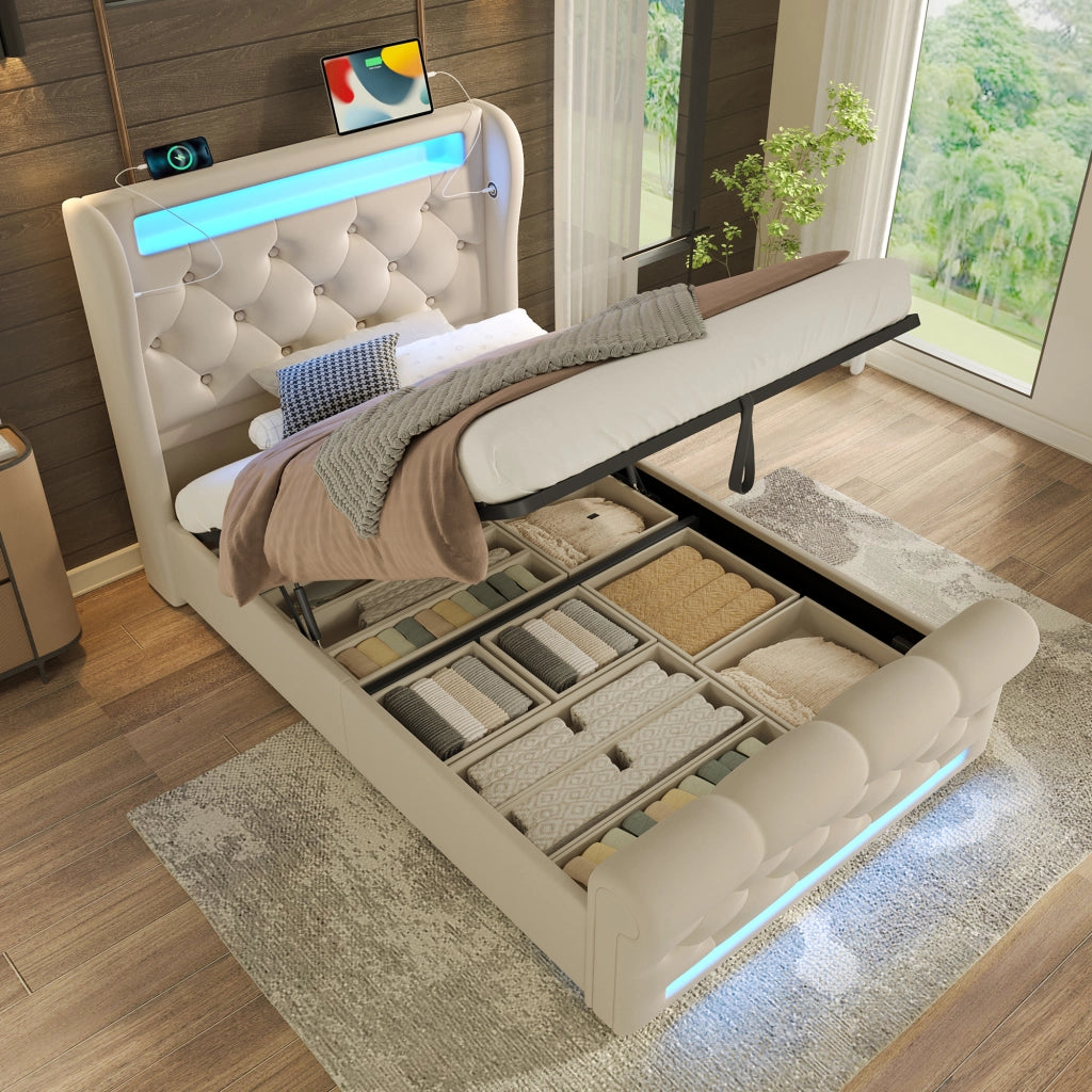 LETTO Imbottito con LED e USB/Type-C 90x200 cm Velluto Beige