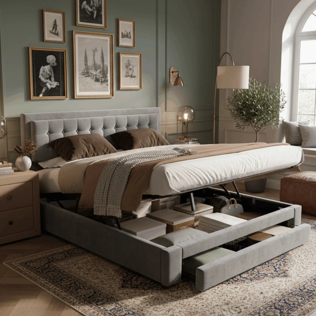 Letto contenitore idraulico con cassetti e testiera regolabile LEMONMAX; 160x200 cm; sommier a doghe; velluto; grigio