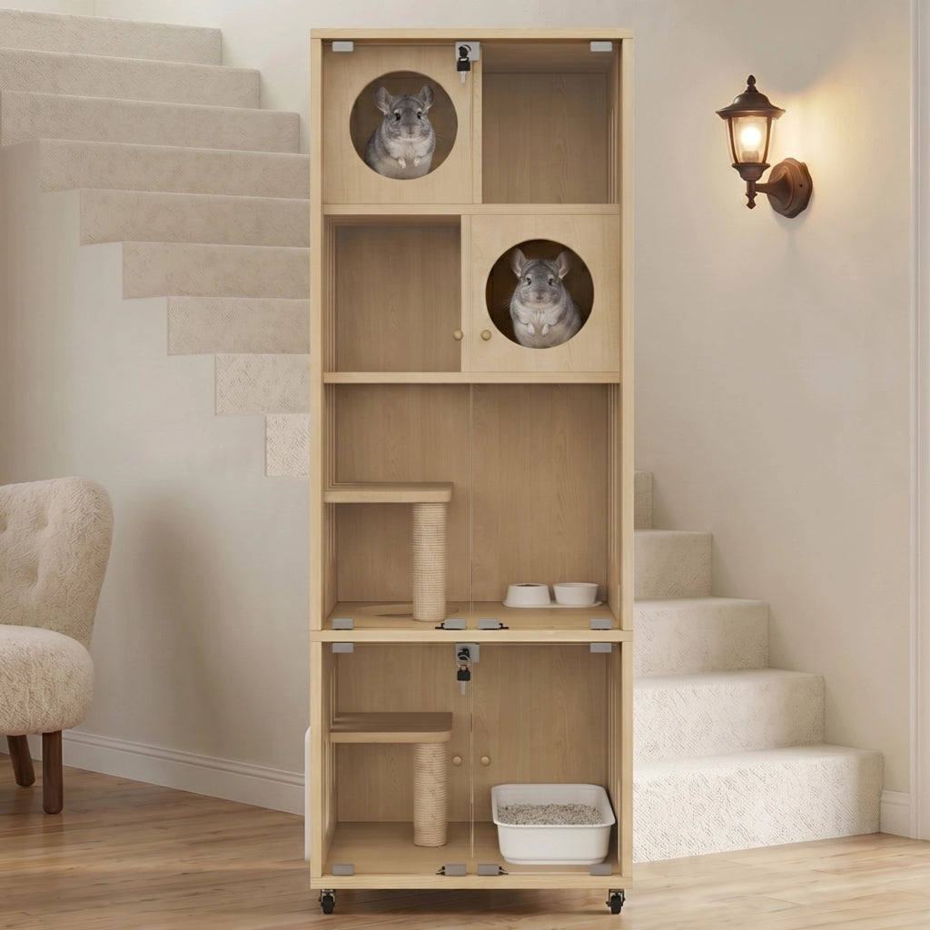 Albero tiragraffi per gatti con ruote e sportello in vetro con serratura per interno in MDF e vetro naturale 60×50×156 cm