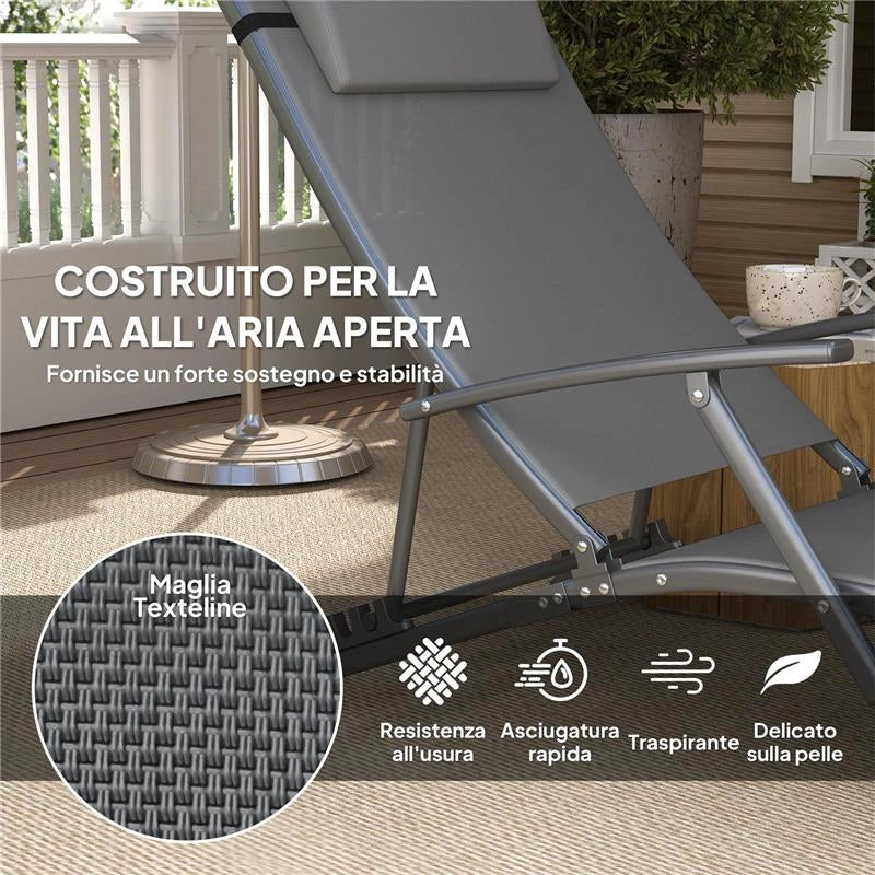 SET 2 SDRAIO DA GIARDINO PIEGHEVOLI CON SCHIENALE REGOLABILE SU 4 LIVELLI E CUSCINO GRIGIO