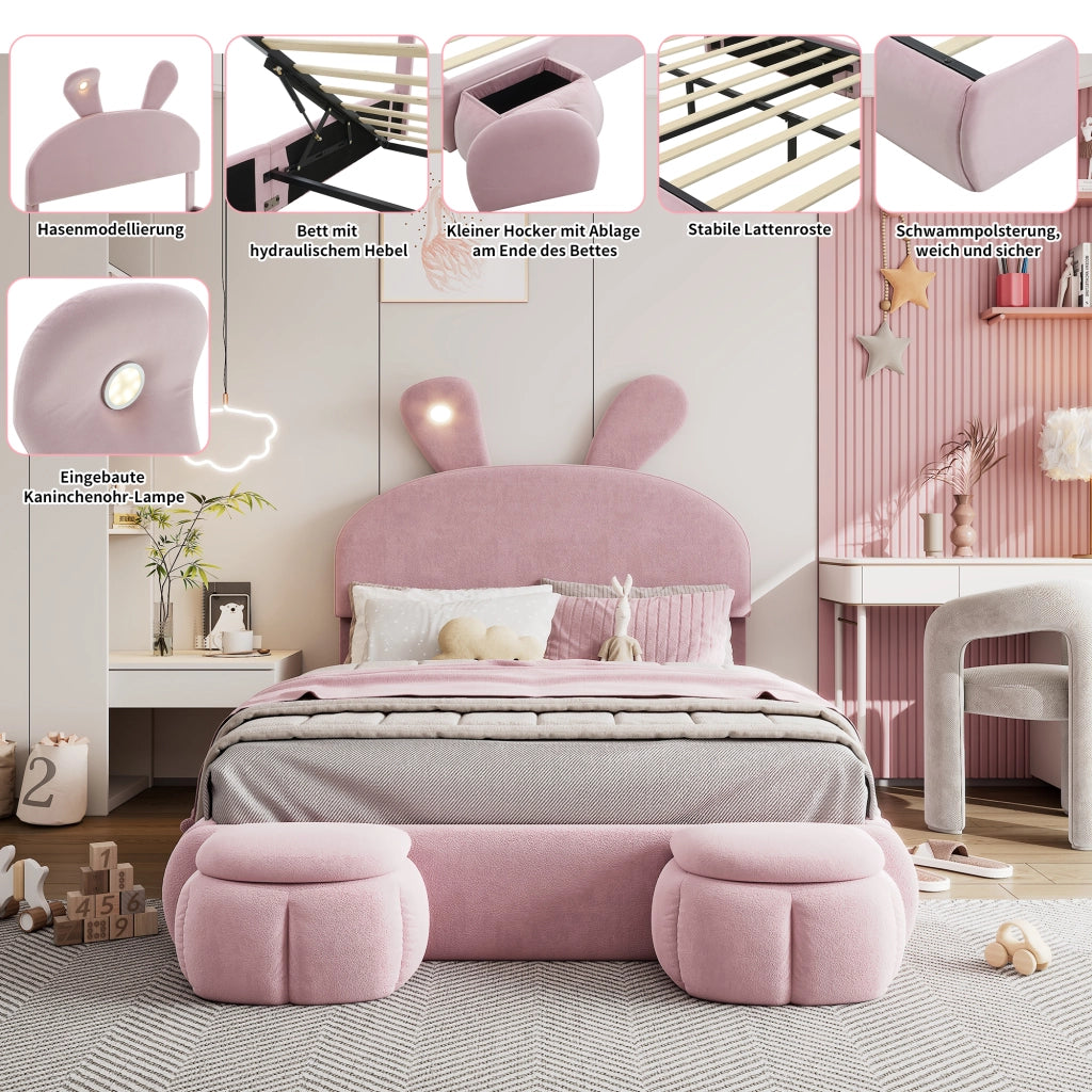 LETTO Imbottito idraulico 140x200 cm velluto rosa con contenitore e 2 pouf