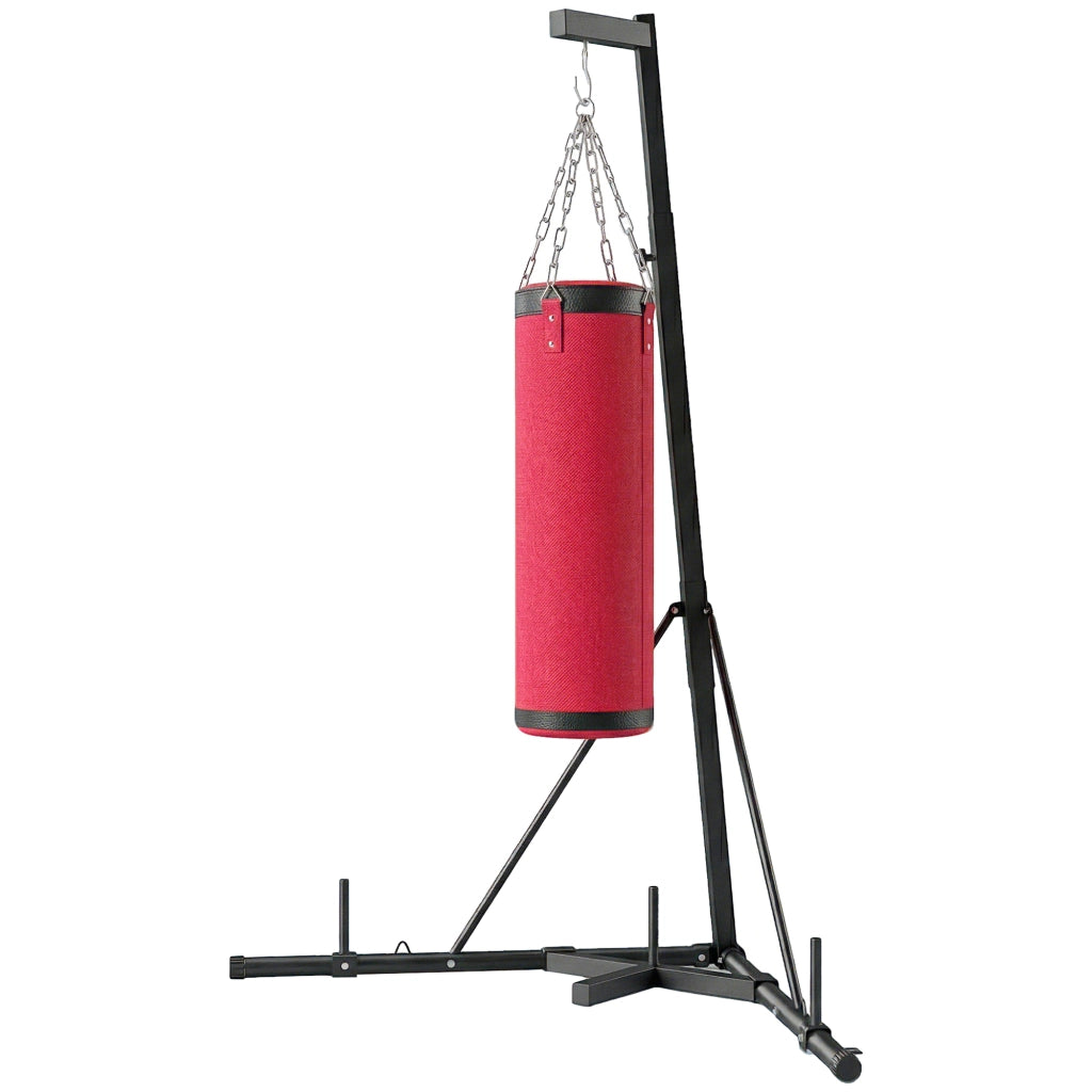 Supporto Sacco Boxe Regolabile con Base Triangolare e Sacco da Boxe. in Acciaio e Tela. 175x91x185-231 cm. Rosso