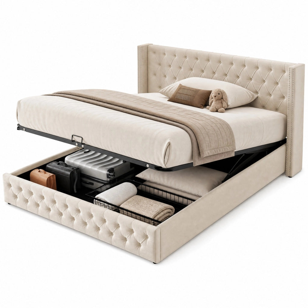Letto imbottito matrimoniale 140x190 cm in velluto beige con contenitore e rete a doghe