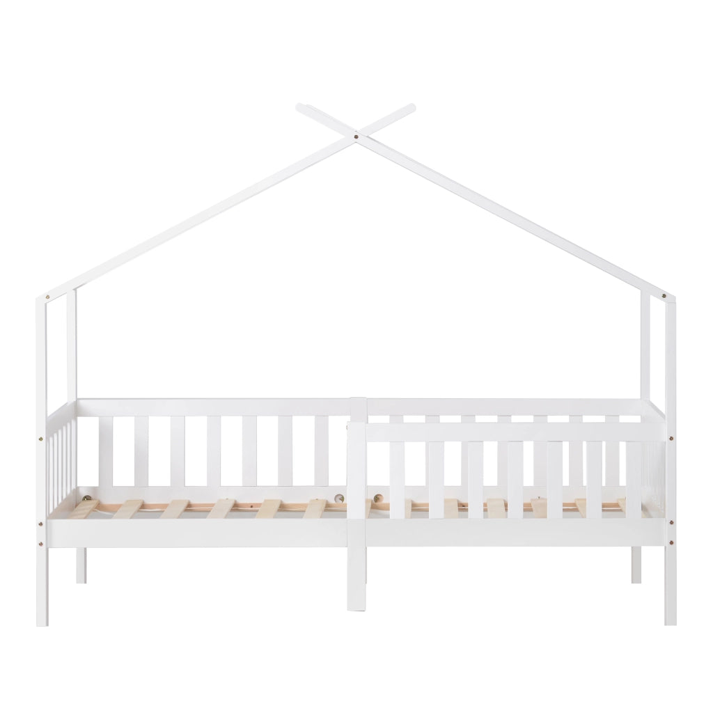 Letto casetta bambino 90×200 cm; con barriera di sicurezza e spazio sotto il letto; senza materasso; in legno massiccio bianco