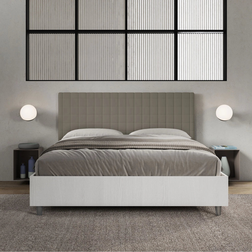 BS COM Letto matrimoniale contenitore 160x200 bianco frassino testata similpelle cappuccino
