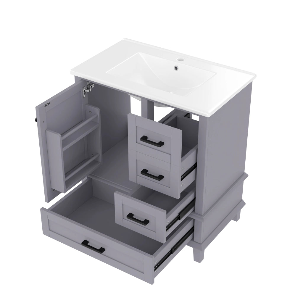 Mobile Bagno con Lavabo Integrato ¨C MINIMAL ¨C Grigio, 76x46x83.5 cm, 3 Cassetti, Ceramica