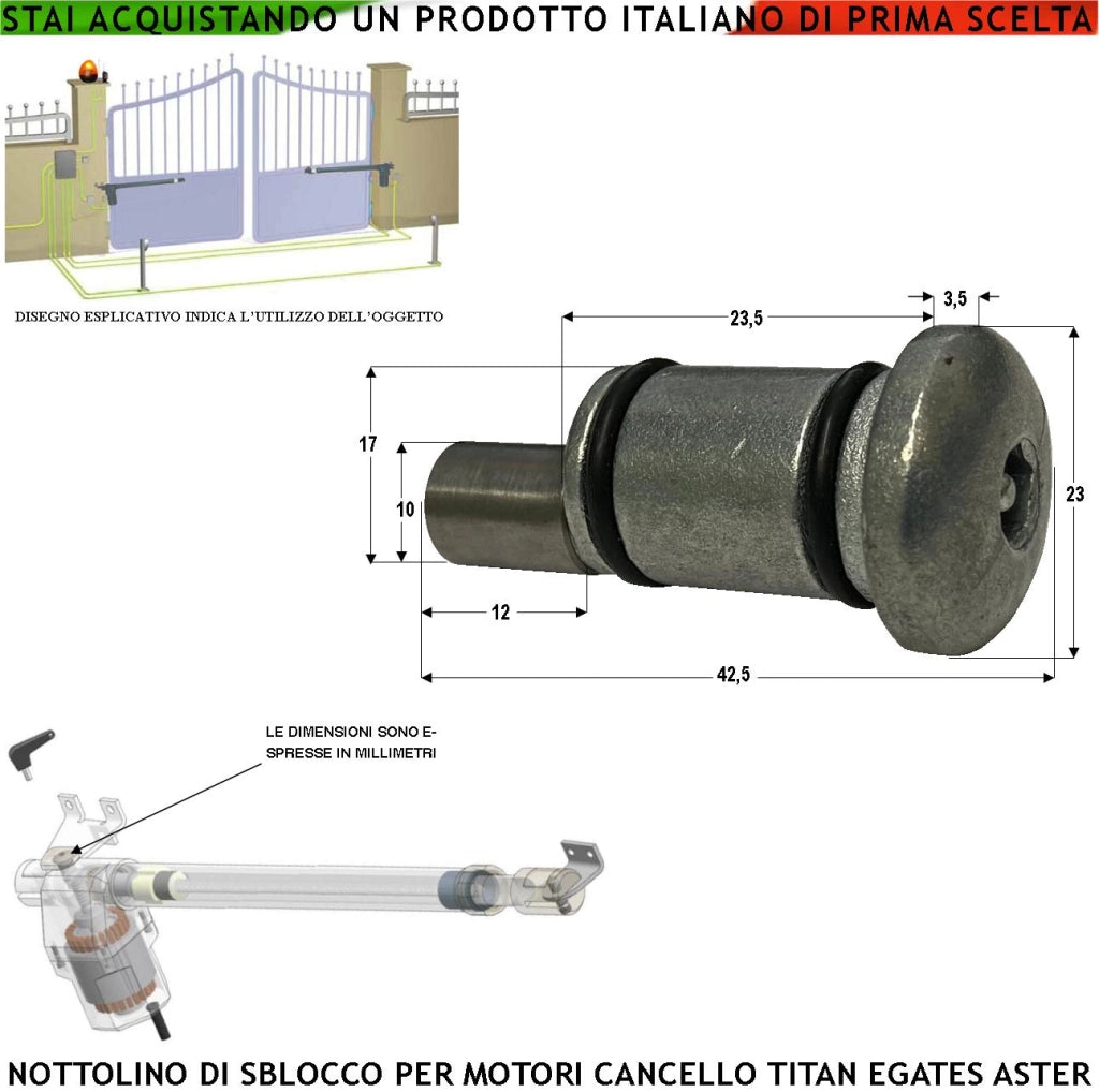 Barilotto Sblocco Emergenza Motore Cancello Titan Aster Mover MPC E-Gates Linear in Alluminio Pressofufo con Foro Esagonale Inserimento Chiave Forata Con Paragrasso e Pioggia Perno Acciaio di Sgancio